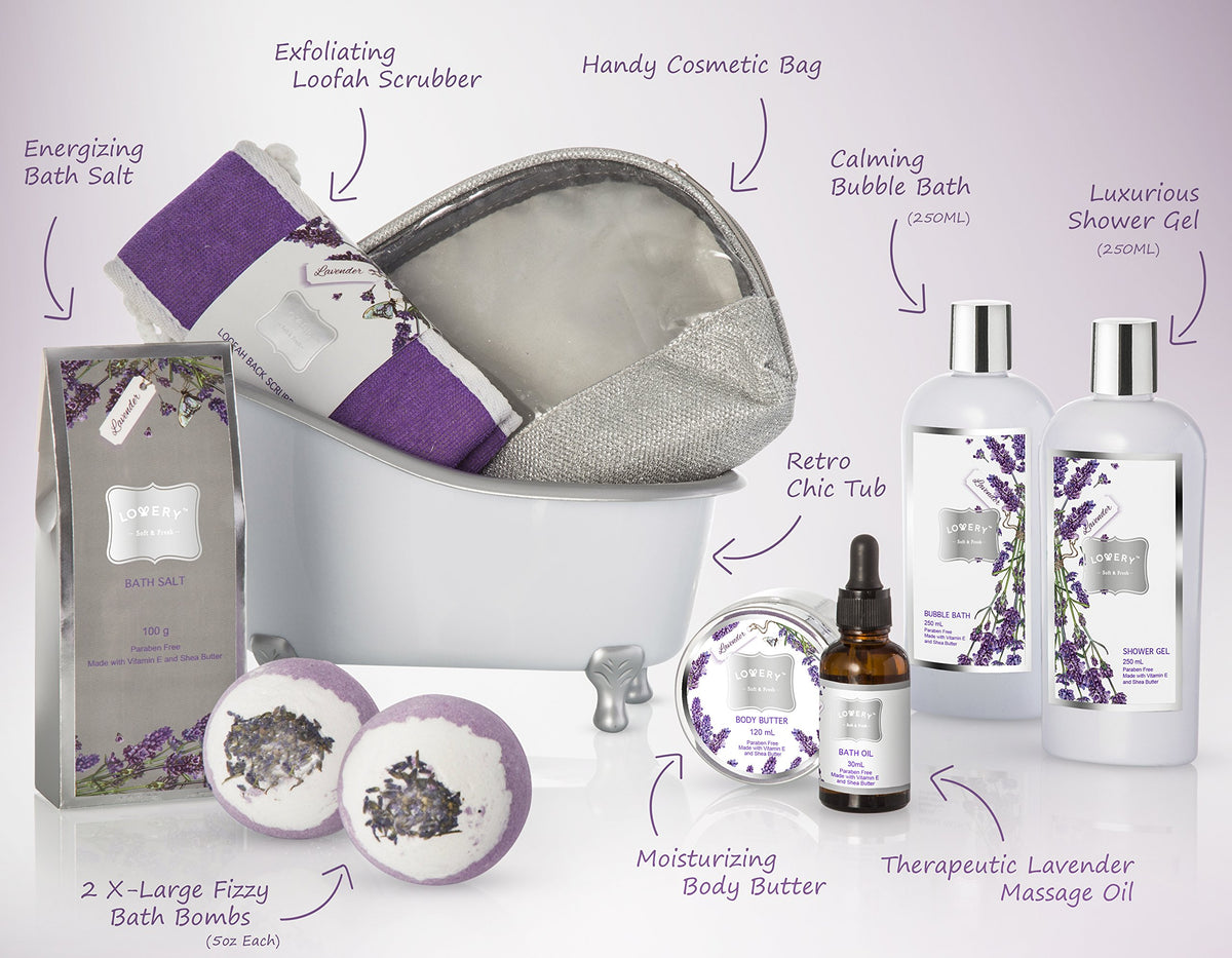 Close-up of LOVERY bath bombs in the gift basket