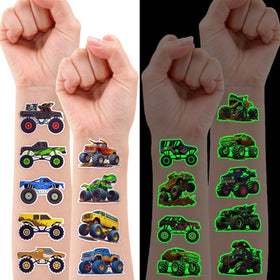 Close-up of luminous Monster Truck temporary tattoos