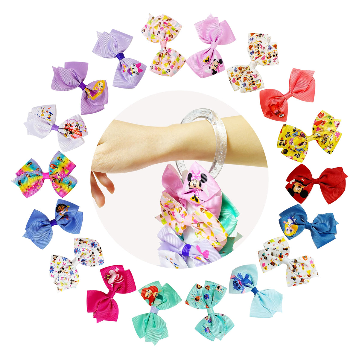 Close-up of LUV HER Disney hair bow clips on a white background