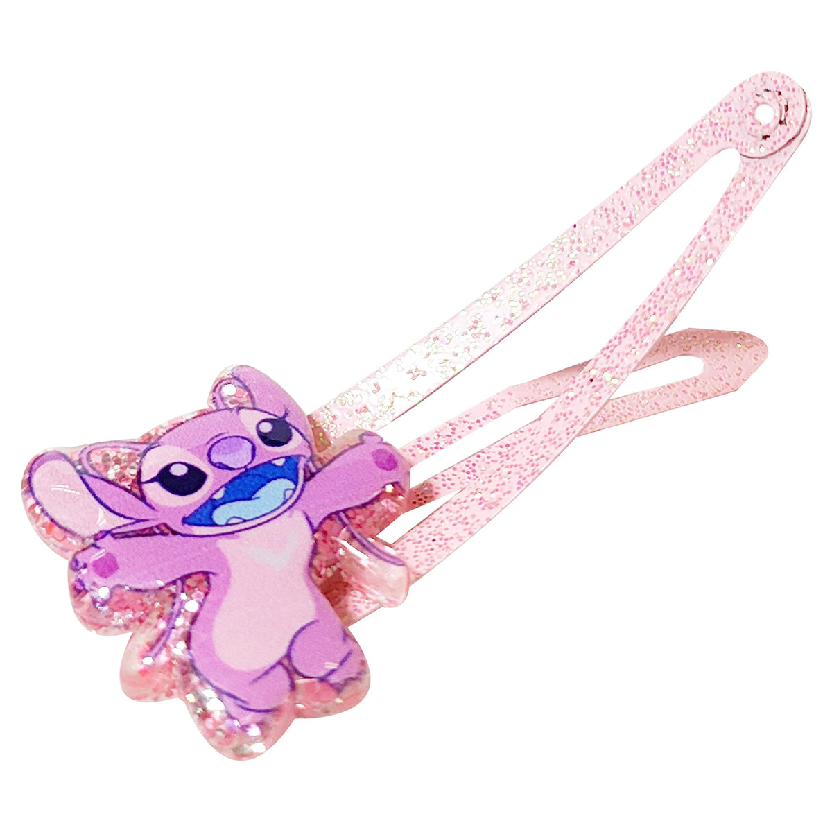 Close-up of LUV HER Disney Stitch hair clips showcasing smooth edges