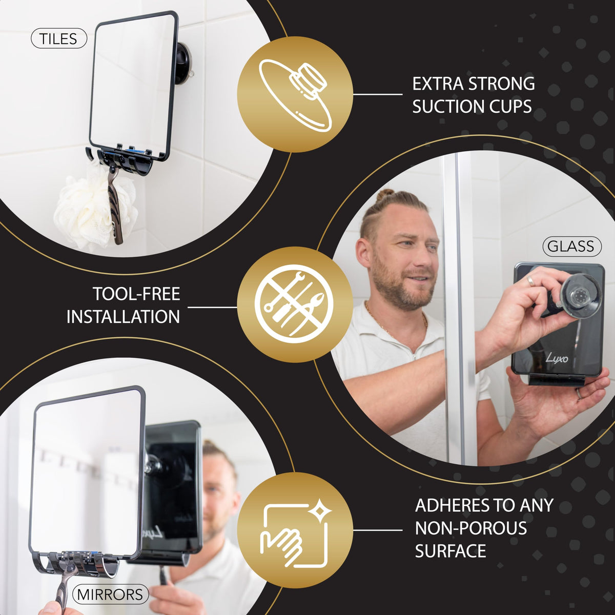 Close-up of Luxo Shower Mirror's shatterproof surface