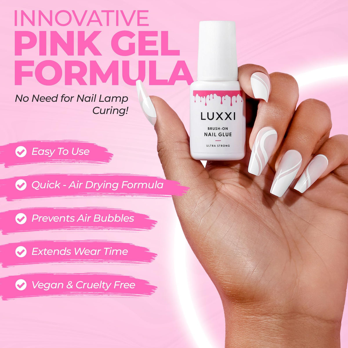 Close-up of LUXXI Brush On Nail Glue applicator brush