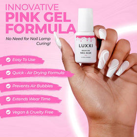 Close-up of LUXXI Brush On Nail Glue applicator brush