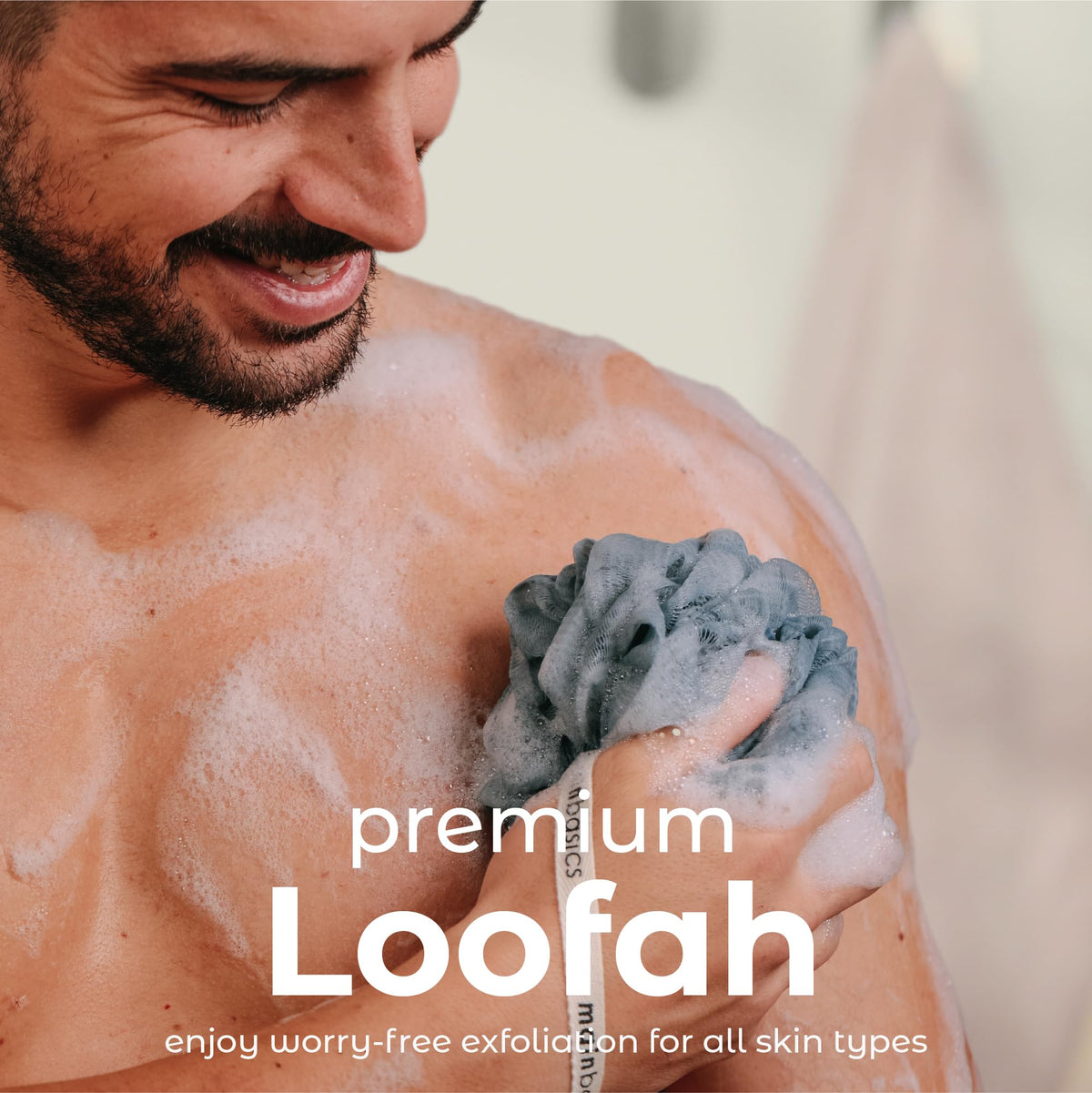 Close-up of MainBasics loofah showing fine mesh texture
