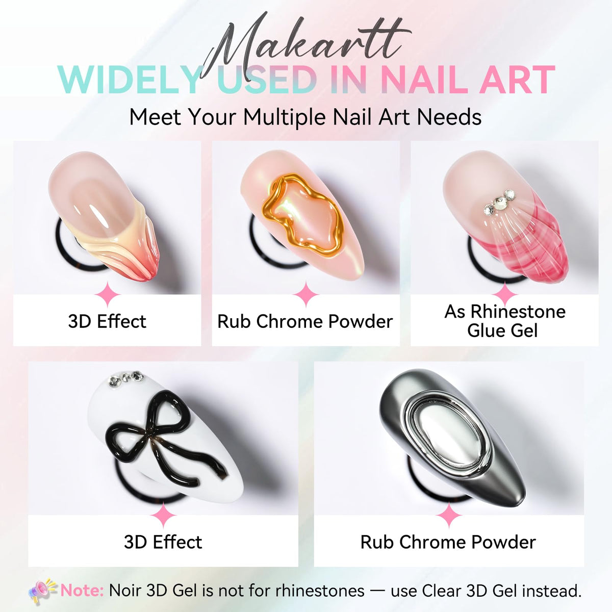 Close-up of Makartt 3D Nail Gel tubes showing clear and black colours