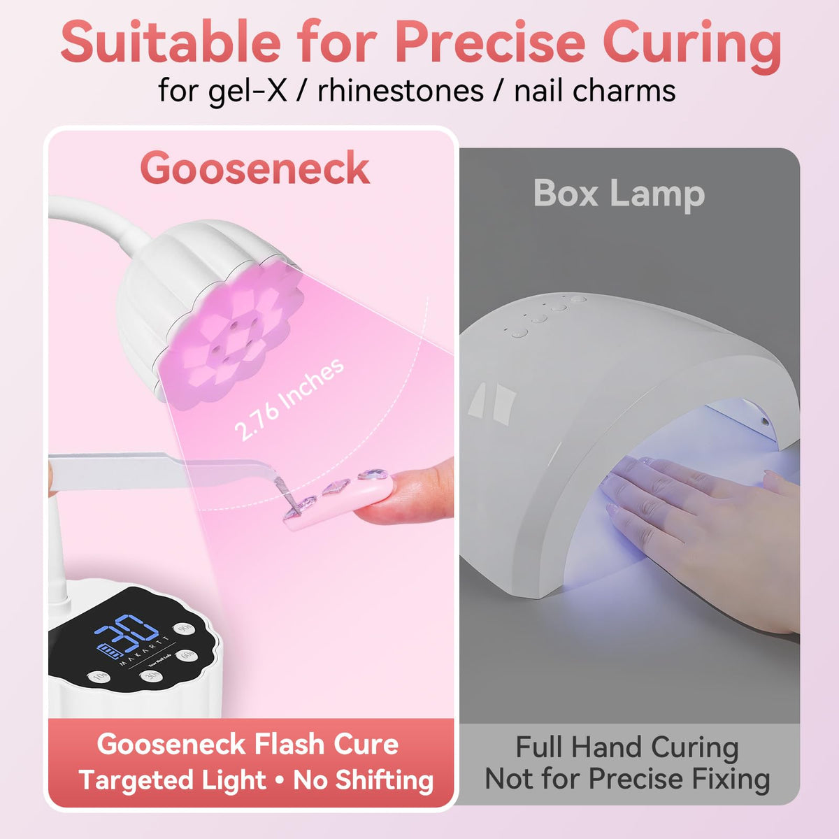Close-up of Makartt Gooseneck Nail Lamp LCD screen displaying timer