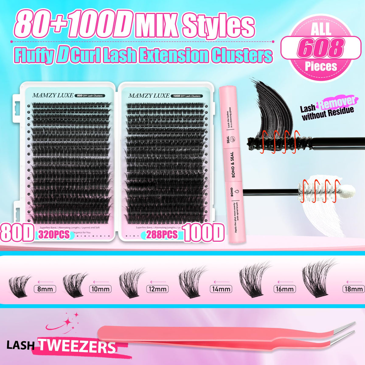 Close-up of Mamzy Luxe 80D & 100D lash clusters