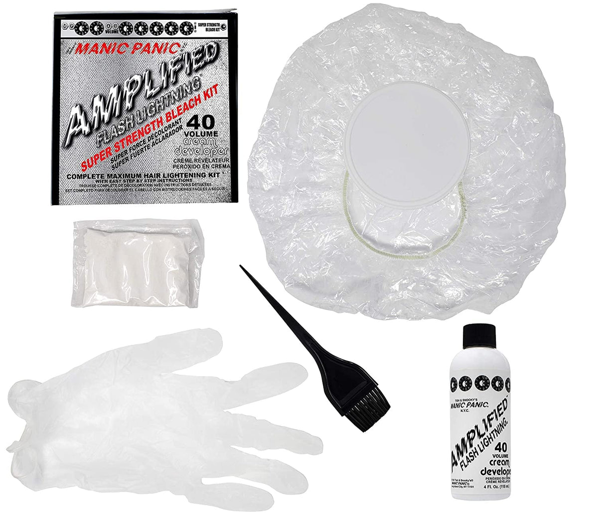 Close-up of MANIC PANIC bleach powder and developer