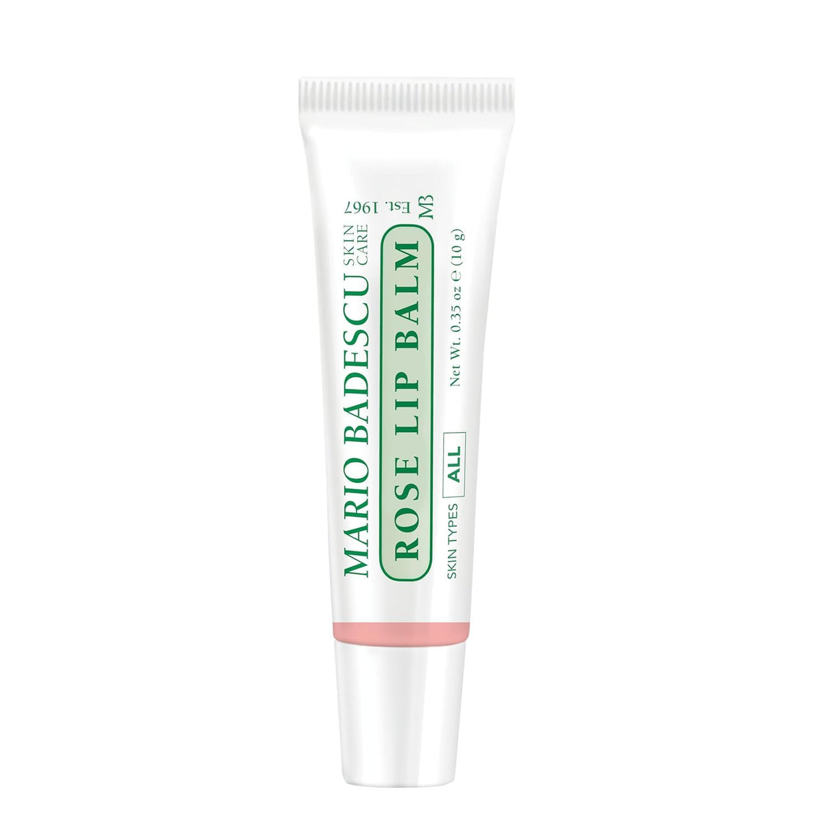 Close-up of Mario Badescu Rose Lip Balm tube