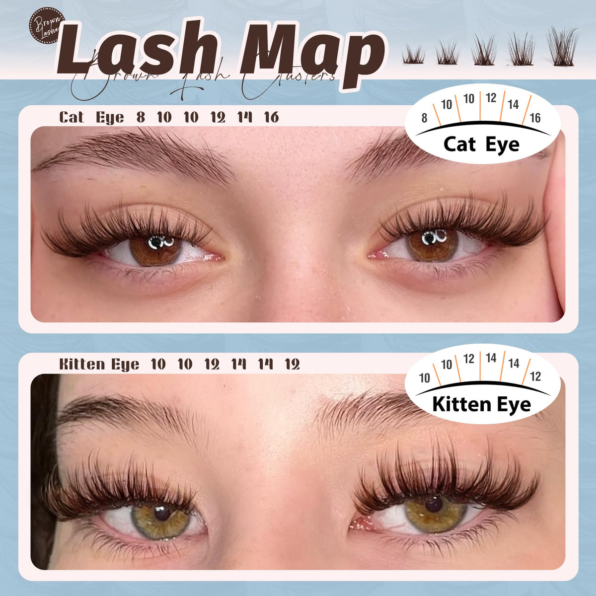 Close-up of Mavphnee brown cluster lashes in various lengths