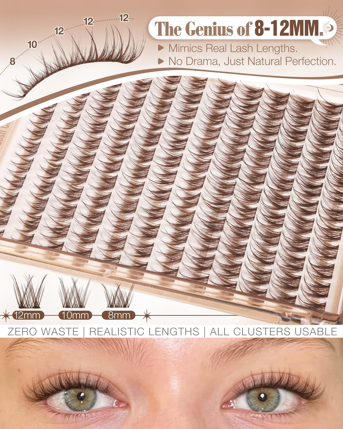 Close-up of Mavphnee brown lash clusters in various lengths
