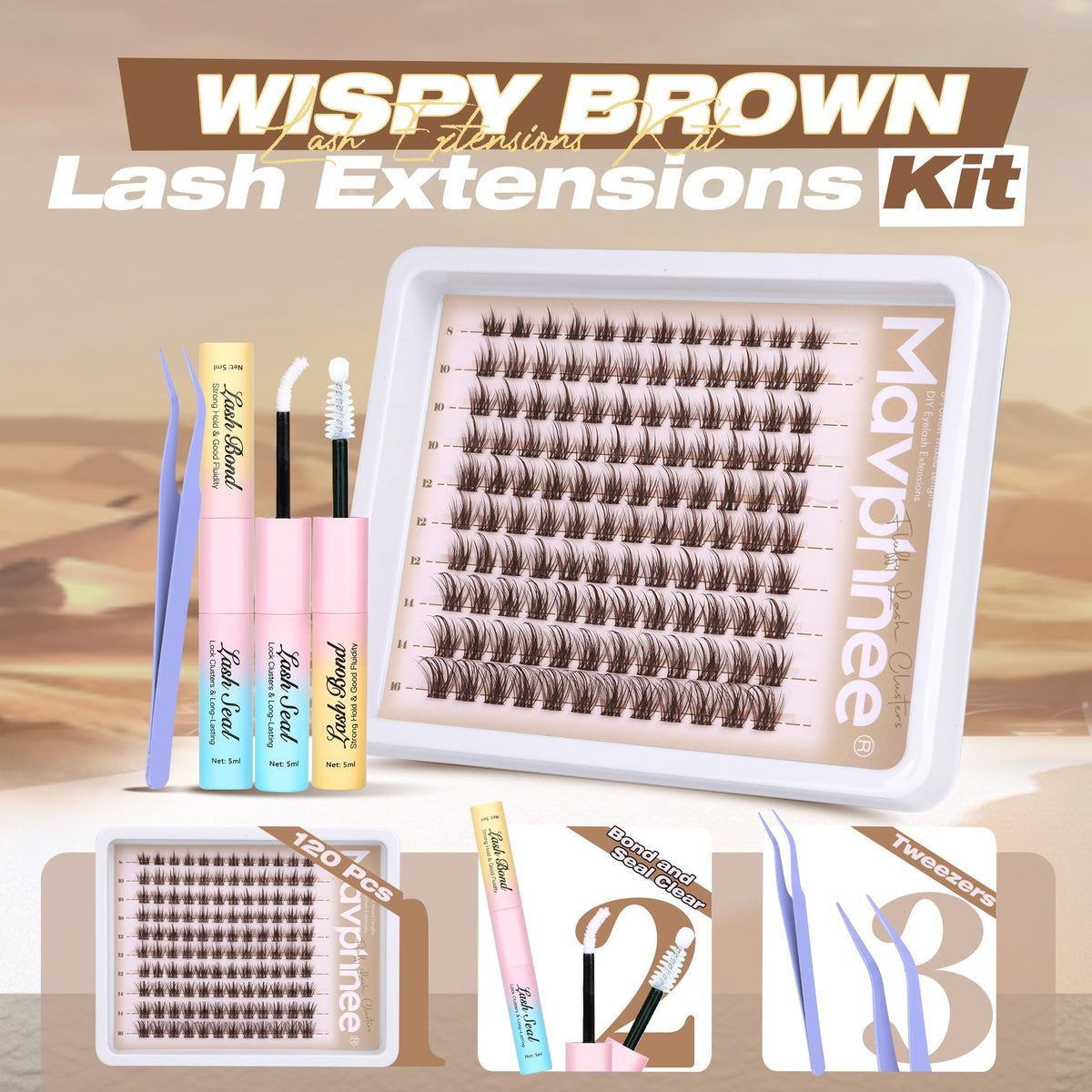 Close-up of Mavphnee dark brown eyelash clusters in various lengths