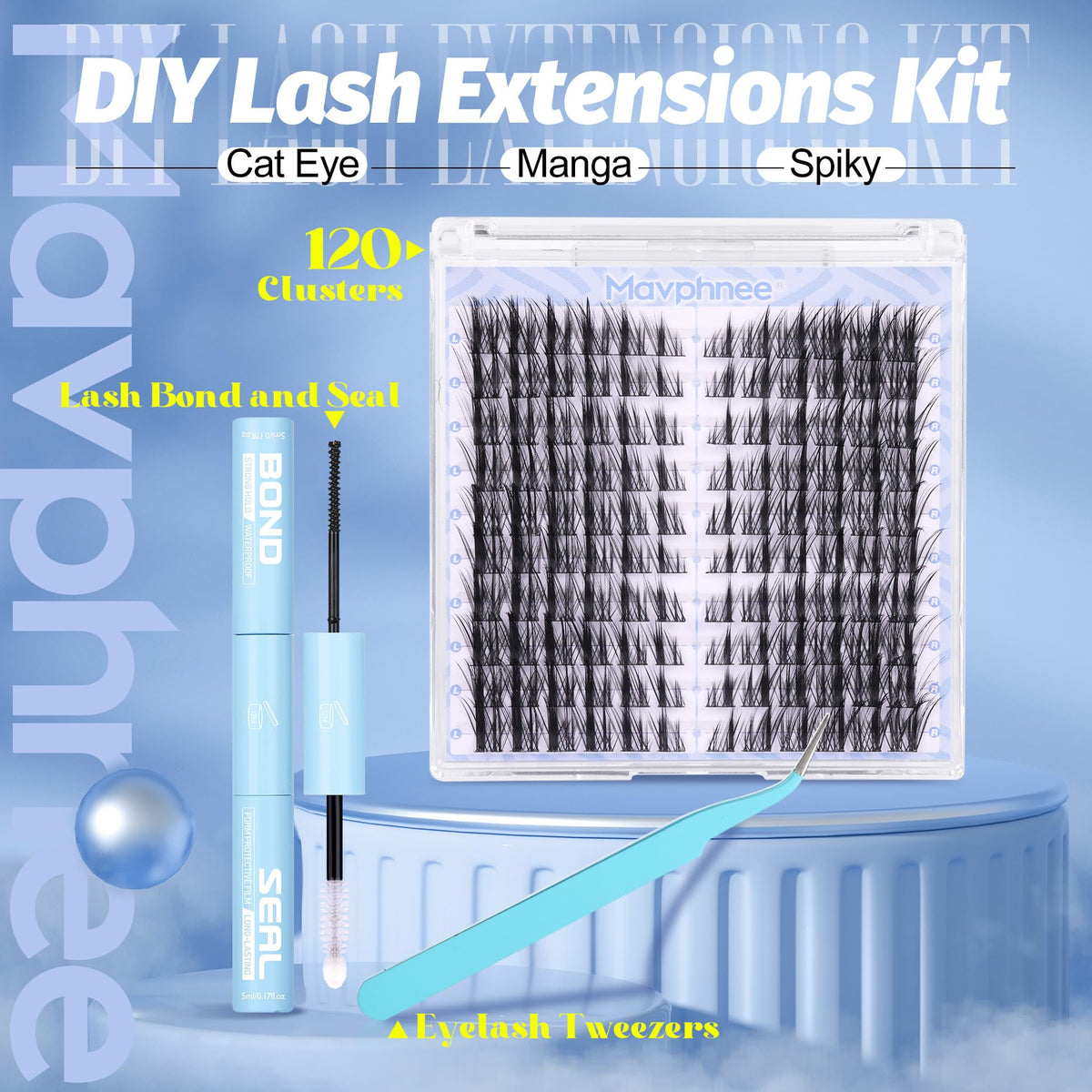 Close-up of Mavphnee spiky eyelash clusters in the kit