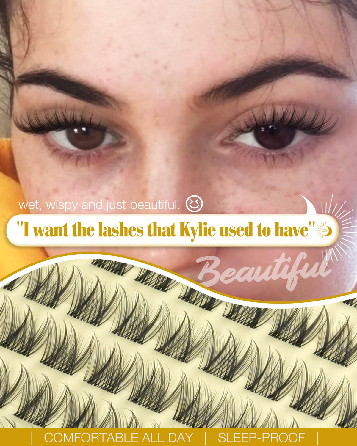 Close-up of Mavphnee wispy lash clusters in various lengths