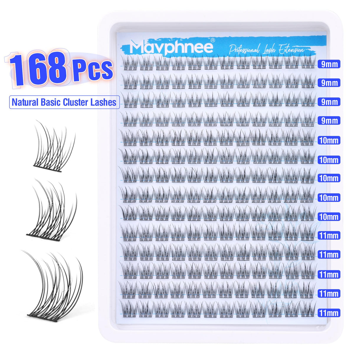 Close-up of Mavphnee wispy lash clusters in various lengths