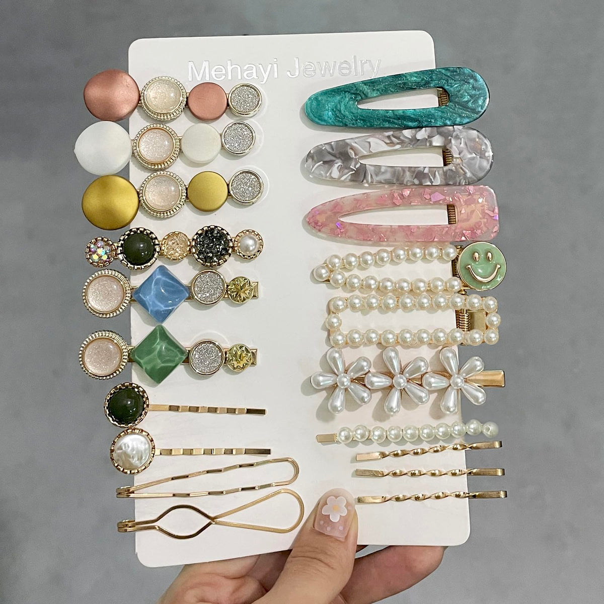 Close-up of Mehayi pearl hair clips showcasing different styles