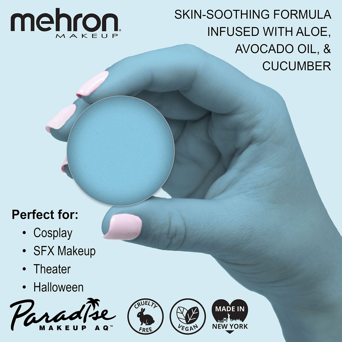 Close-up of Mehron Makeup Paradise AQ Light Blue water-activated formula