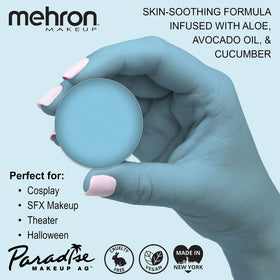 Close-up of Mehron Makeup Paradise AQ Light Blue water-activated formula