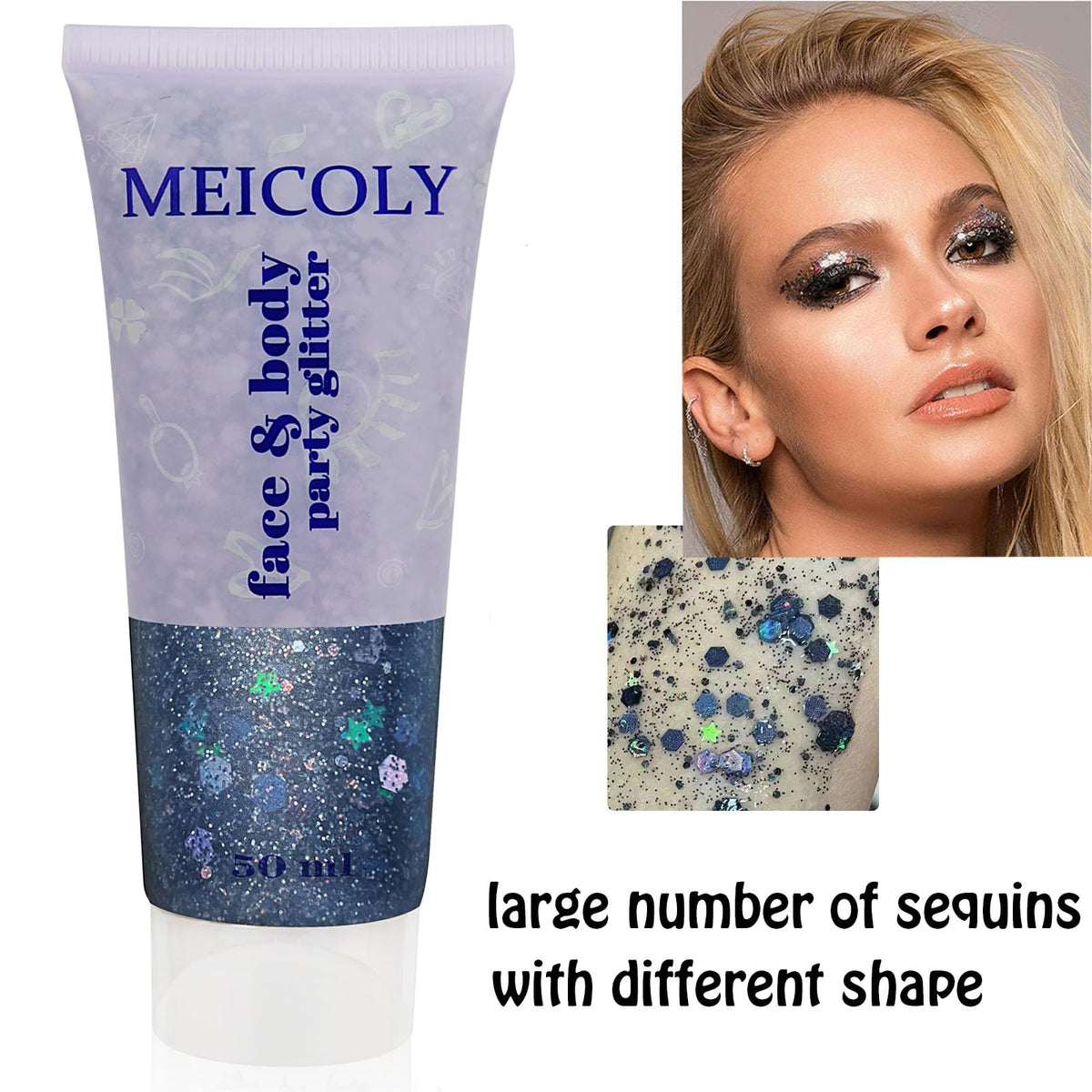 Close-up of MEICOLY Black Face Glitter tube