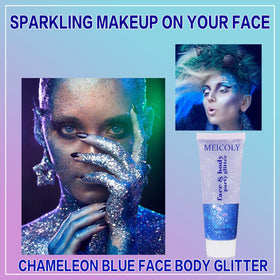 Close-up of MEICOLY Chameleon Blue Body Glitter Gel texture