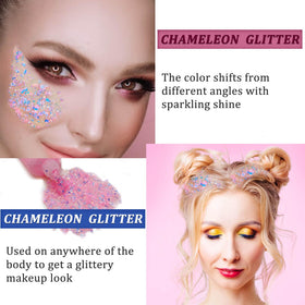 Close-up of MEICOLY Chameleon Body Glitter showing texture and colour shift