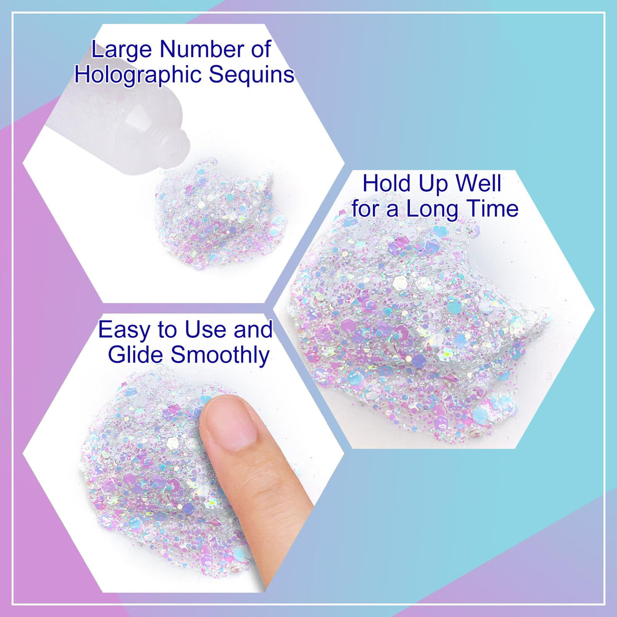 Close-up of MEICOLY Chameleon Glitter gel showing colour shift