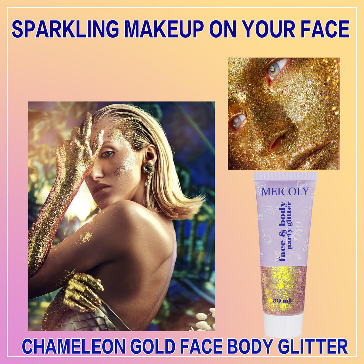 Close-up of MEICOLY Chameleon Gold Body Glitter texture