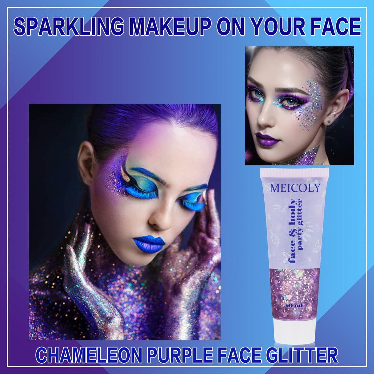 Close-up of MEICOLY Chameleon Purple Body Glitter showing texture