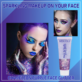 Close-up of MEICOLY Chameleon Purple Body Glitter showing texture