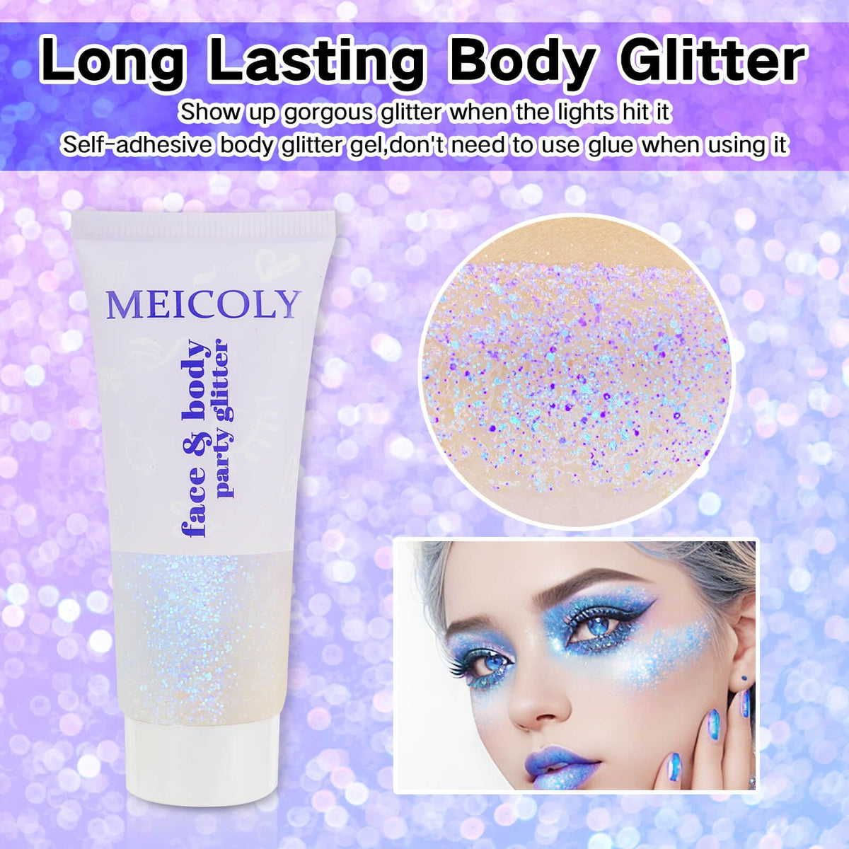 Close-up of MEICOLY holographic glitter gel texture