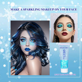 Close-up of MEICOLY Light Blue Body Glitter Gel tube showing the gel texture