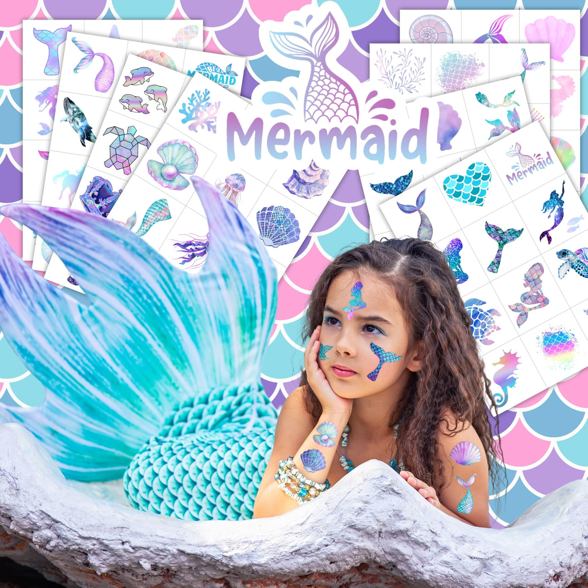 Close-up of mermaid temporary tattoos on a sheet