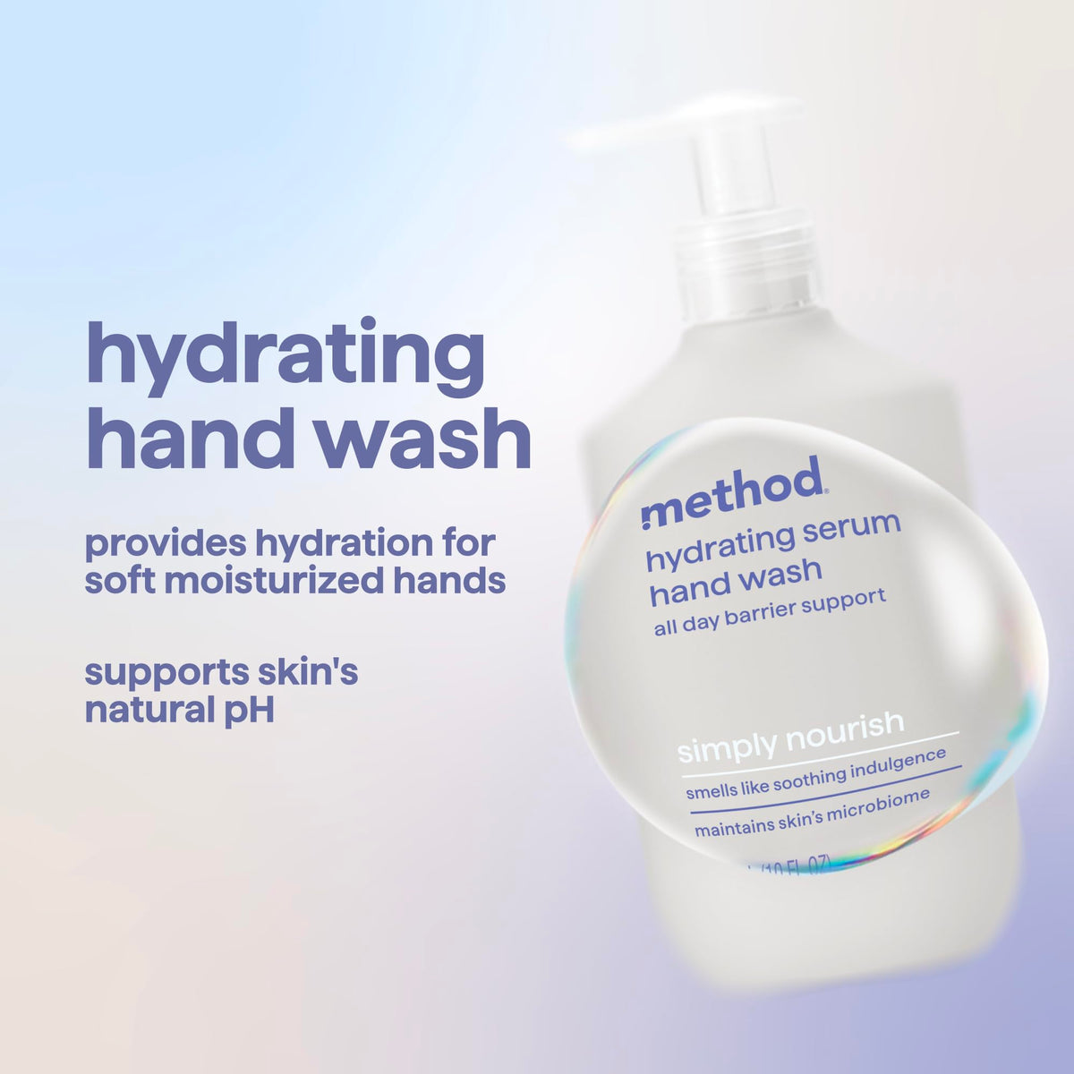 Close-up of Method Hydrating Serum Hand Wash bottle with pump