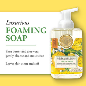 Close-up of Michel Design Works Lemon Basil Foaming Hand Soap with citrus notes