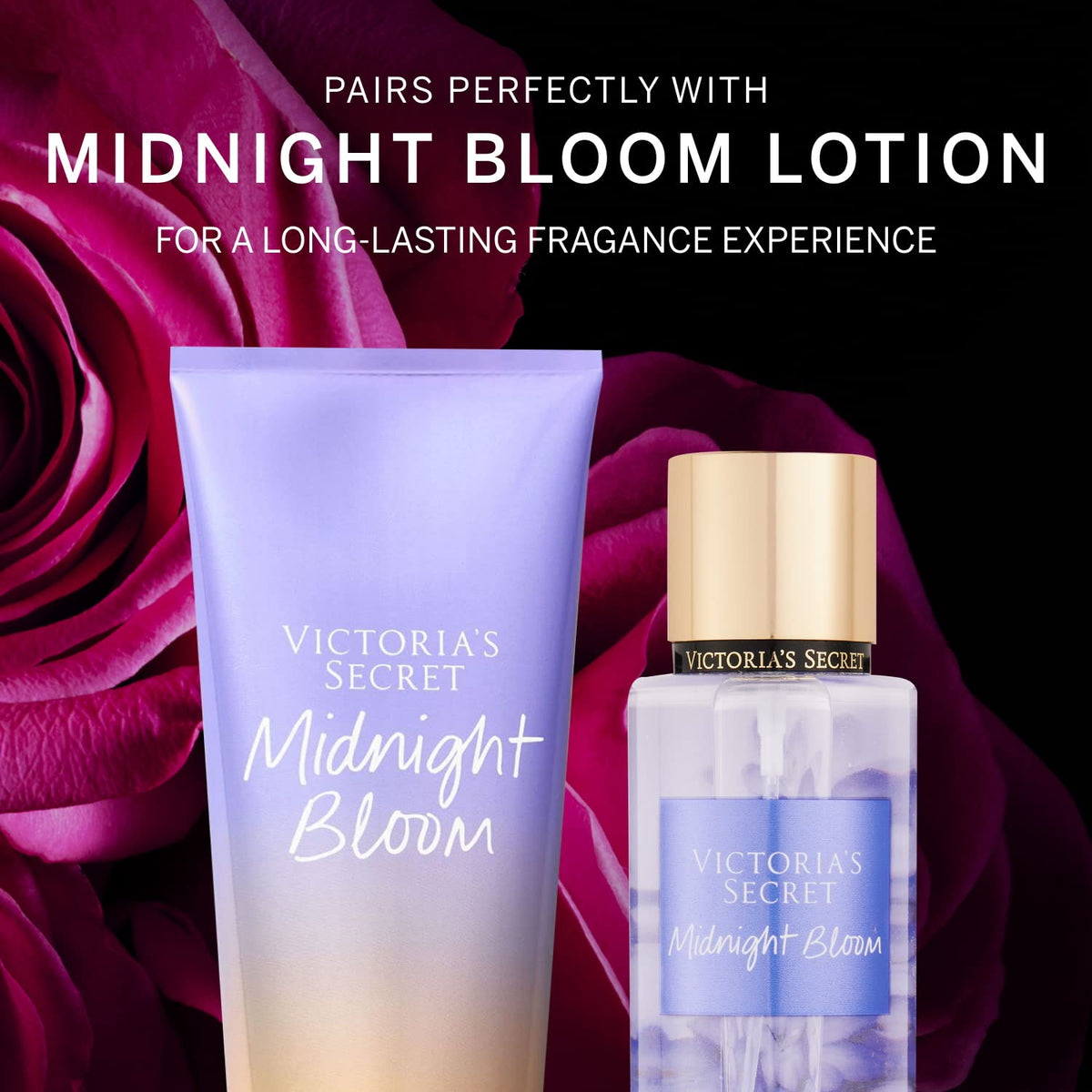Close-up of Midnight Bloom Mist bottle with floral background