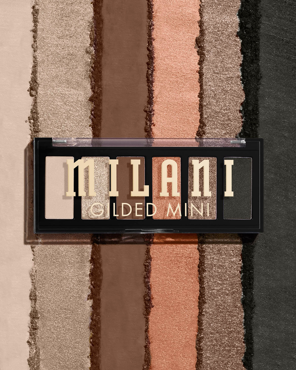 Close-up of Milani Gilded Mini Eyeshadow Palette showing matte and shimmer finishes
