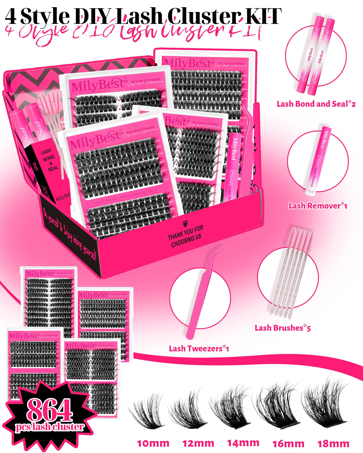 Close-up of MilyBest D Curl Volume Lashes in various lengths
