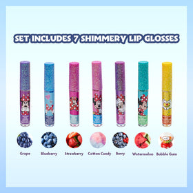 Close-up of Minnie Mouse themed lip glosses in various flavours