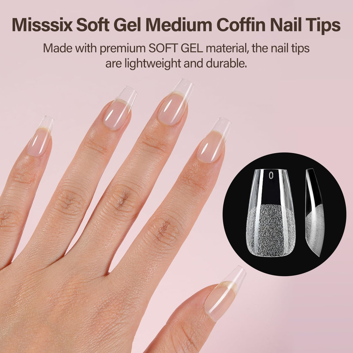 Close-up of Misssix Medium coffin nail tips in various sizes