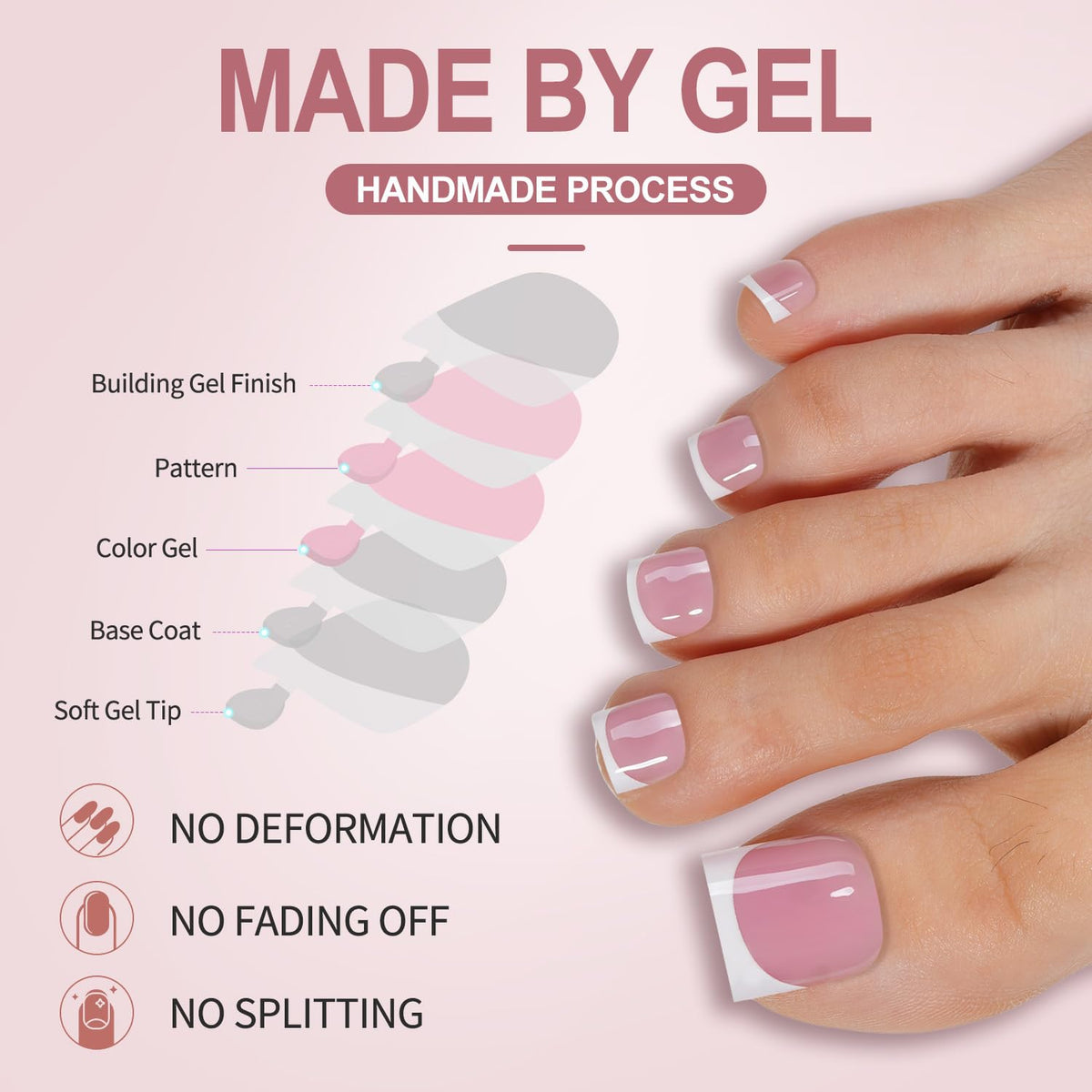 Close-up of Misssix press on toenails showing different sizes