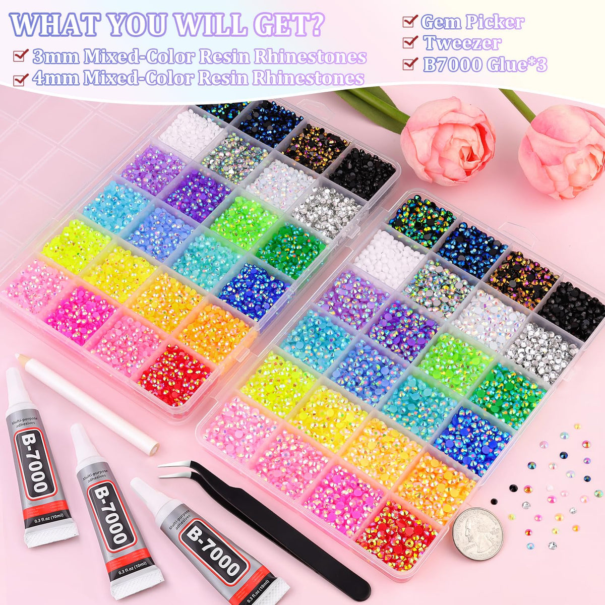 Close-up of mixed-color resin rhinestones in storage box