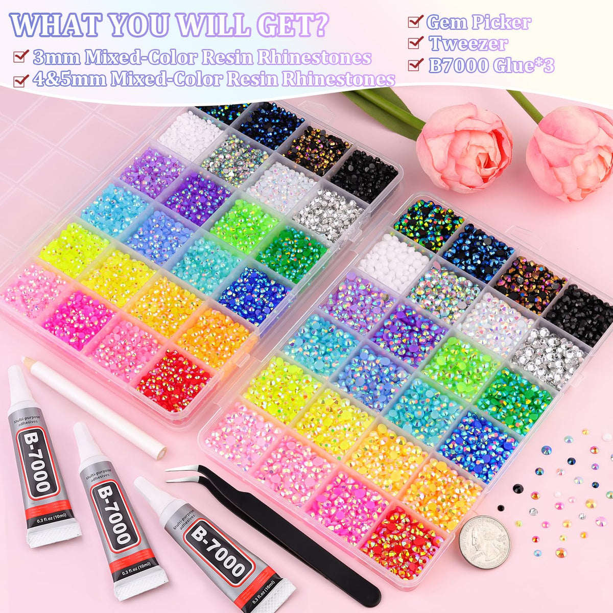 Close-up of mixed-colour resin rhinestones in various sizes