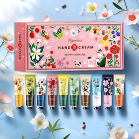 Close-up of MIYUELENI hand cream tubes showing different fragrances
