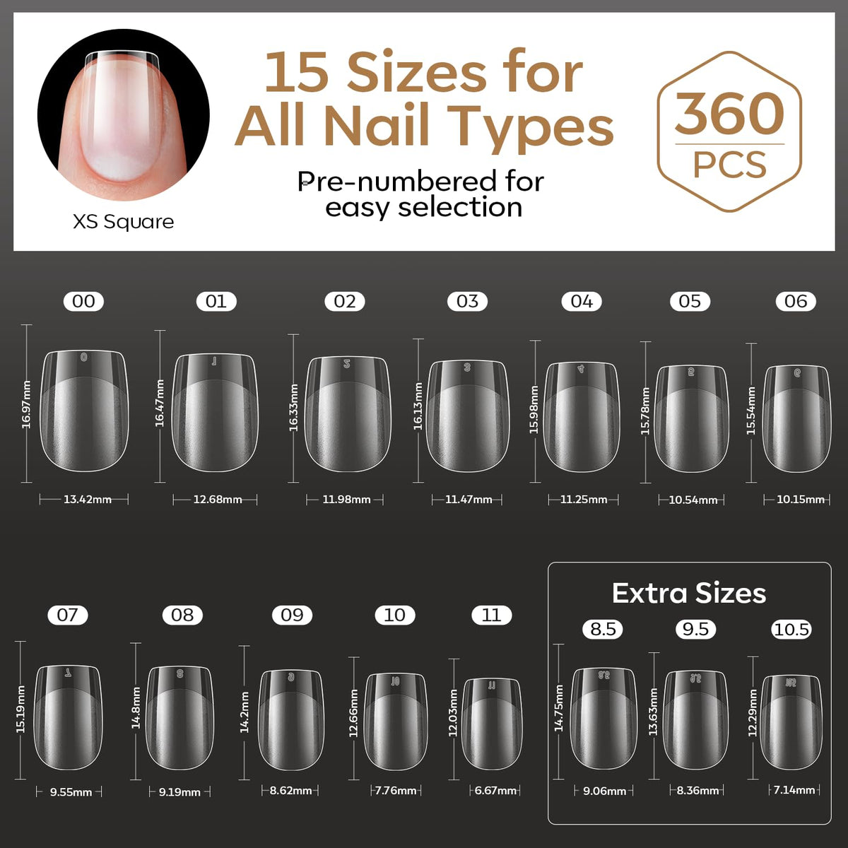 Close-up of Modelones nail tips numbered for size selection