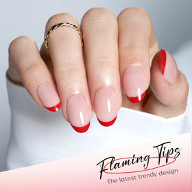 Close-up of Modelones Red French Tip fake nails
