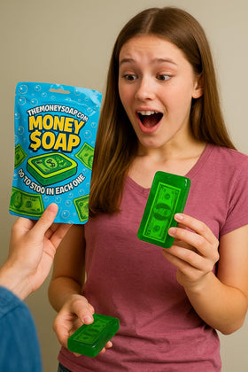 Close-up of Money Soap Fruity Pear Scented Soap Bar with packaging
