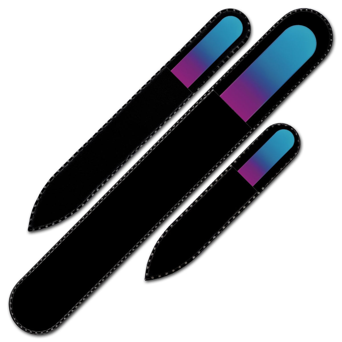 Close-up of Mont Bleu glass nail file showing smooth filing surface