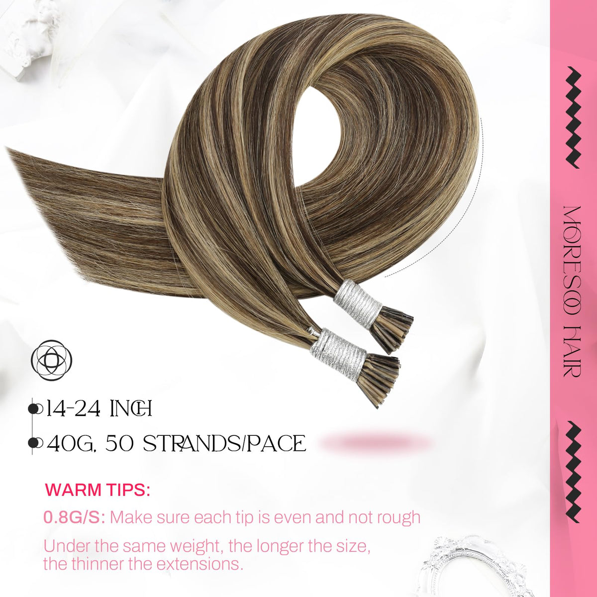 Close-up of Moresoo I Tip Hair Extensions keratin-tipped ends