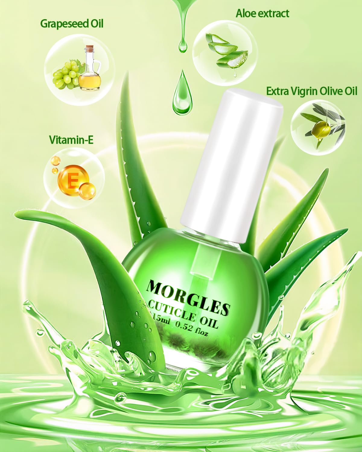 Close-up of MORGLES aloe vera cuticle oil bottle