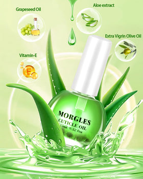 Close-up of MORGLES aloe vera cuticle oil bottle